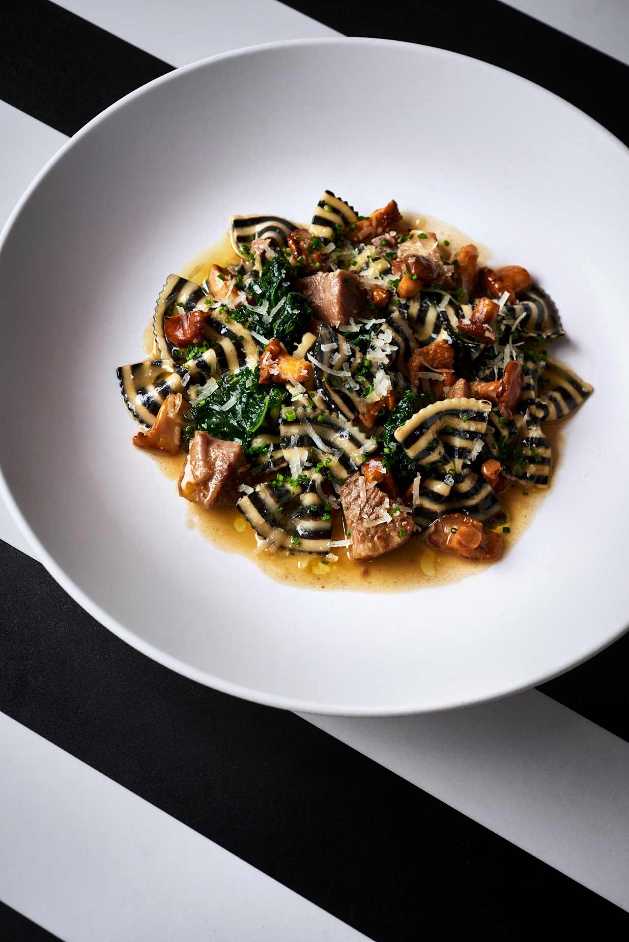 Closeup of striped pasta from Razzle Dazzle onboard Virgin Voyages